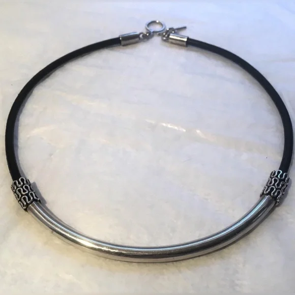 1844 vtgMexico .925 Sterling Silver Curved Band W Leather Choker Toggle Clasp